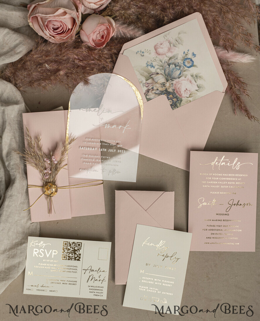 WEDDING INVITATIONS plexi acrylic mirror Blush Pink Clear Arched Wedding Invitations, Elegant Garden Wedding Cards, Nude Acrylic transparent Wedding Invites, Arch Plexi Wedding Invitation Suite