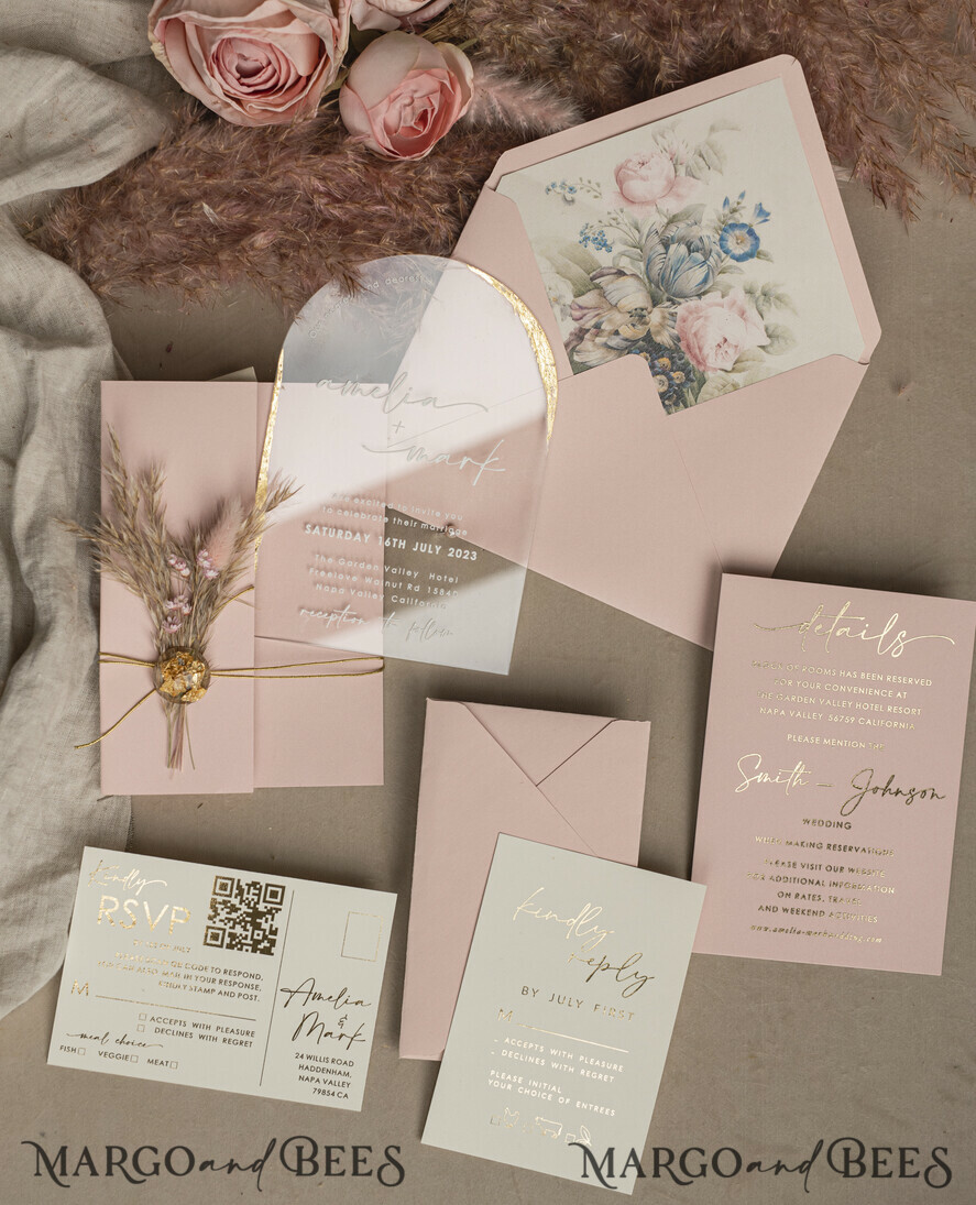 WEDDING INVITATIONS plexi acrylic mirror Blush Pink Clear Arched Wedding Invitations, Elegant Garden Wedding Cards, Nude Acrylic transparent Wedding Invites, Arch Plexi Wedding Invitation Suite