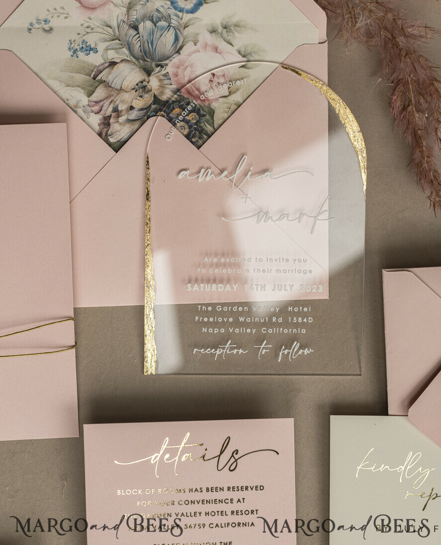 WEDDING INVITATIONS plexi acrylic mirror Blush Pink Clear Arched Wedding Invitations, Elegant Garden Wedding Cards, Nude Acrylic transparent Wedding Invites, Arch Plexi Wedding Invitation Suite