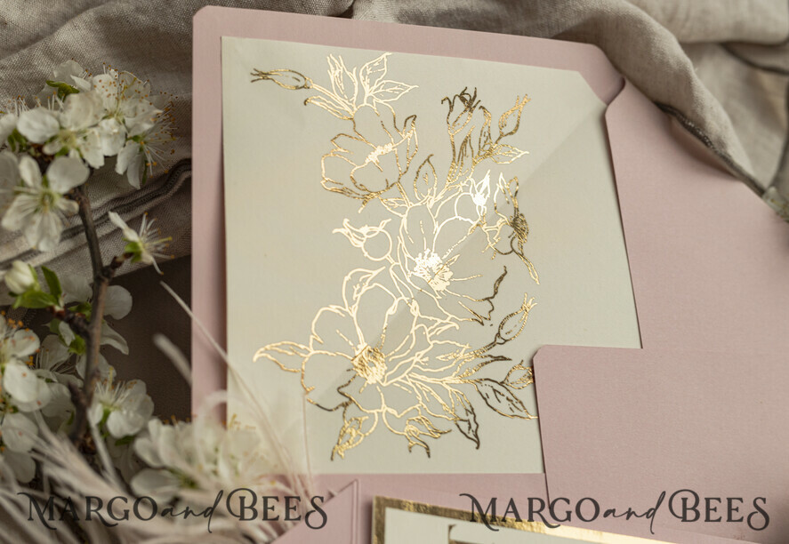WEDDING INVITATIONS 3 fold wedding invitations 3 fold Luxury sage green Mirror gold Wedding Invitations, Elegant garden Wedding Cards, Glamour Acrylic Monogram Wedding Invites, Mirror Plexi floral Wedding Invitation Suite