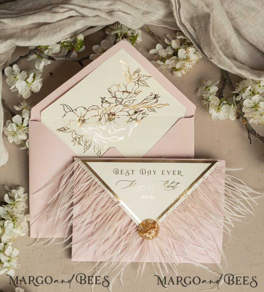 WEDDING INVITATIONS 3 fold wedding invitations 3 fold Luxury sage green Mirror gold Wedding Invitations, Elegant garden Wedding Cards, Glamour Acrylic Monogram Wedding Invites, Mirror Plexi floral Wedding Invitation Suite