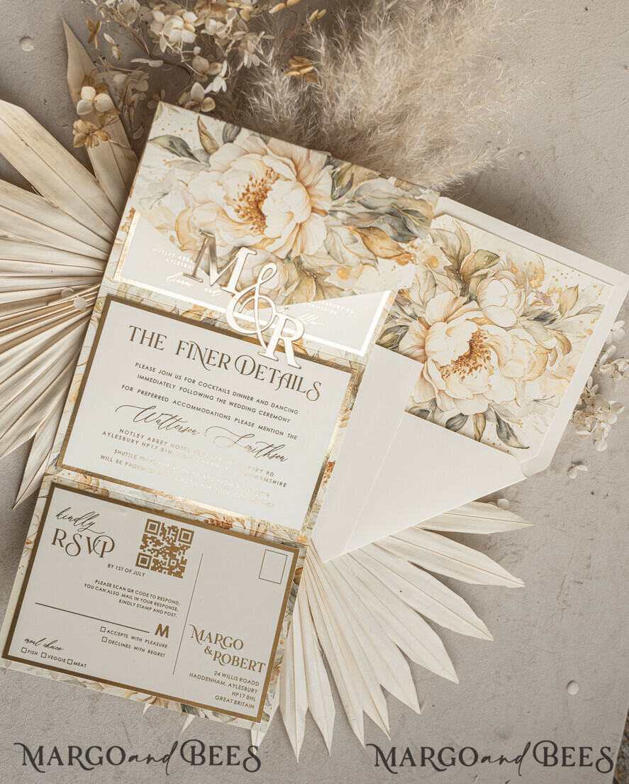 WEDDING INVITATIONS 3 fold wedding invitations 3 fold Luxury Mirror gold Wedding Invitations, Elegant Ivory Wedding Cards, Glamour Acrylic Monogram Wedding Invites, Mirror Plexi Wedding Invitation Suite