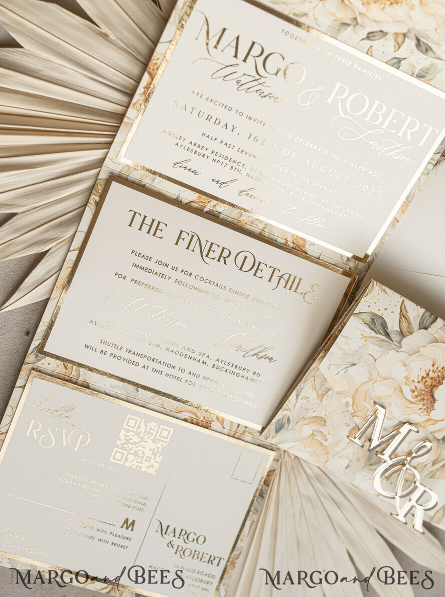 WEDDING INVITATIONS 3 fold wedding invitations 3 fold Luxury Mirror gold Wedding Invitations, Elegant Ivory Wedding Cards, Glamour Acrylic Monogram Wedding Invites, Mirror Plexi Wedding Invitation Suite