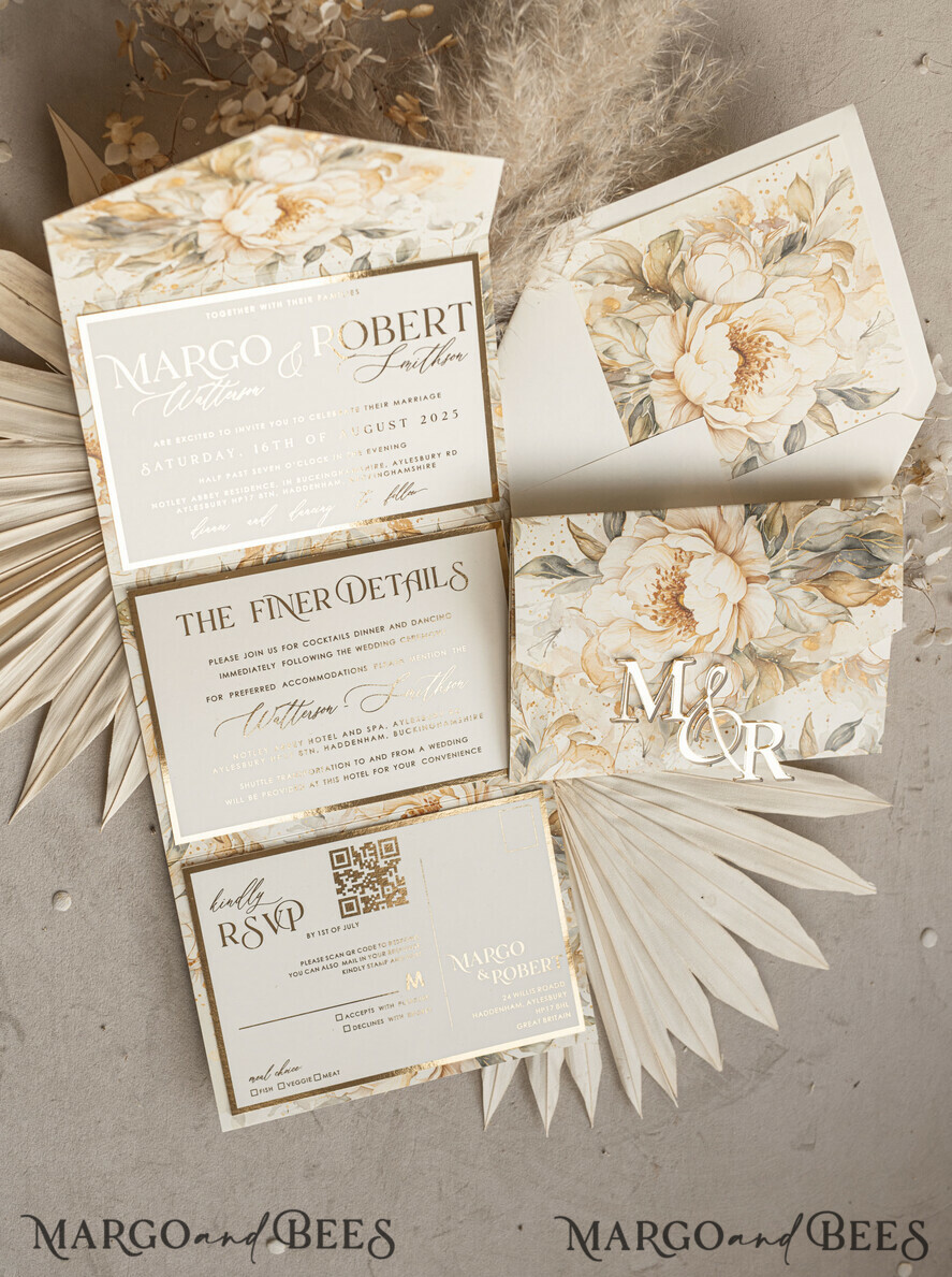 WEDDING INVITATIONS 3 fold wedding invitations 3 fold Luxury Mirror gold Wedding Invitations, Elegant Ivory Wedding Cards, Glamour Acrylic Monogram Wedding Invites, Mirror Plexi Wedding Invitation Suite