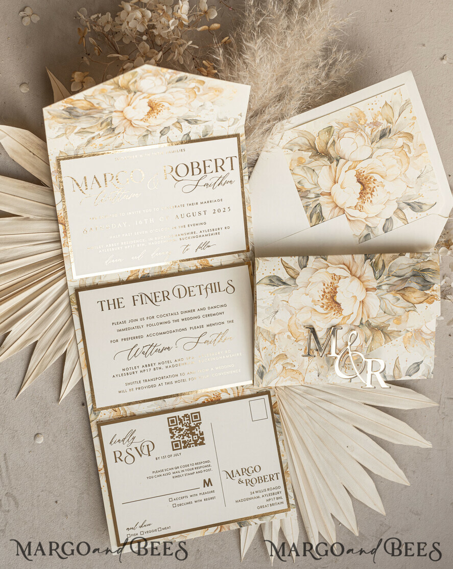 WEDDING INVITATIONS 3 fold wedding invitations 3 fold Luxury Mirror gold Wedding Invitations, Elegant Ivory Wedding Cards, Glamour Acrylic Monogram Wedding Invites, Mirror Plexi Wedding Invitation Suite