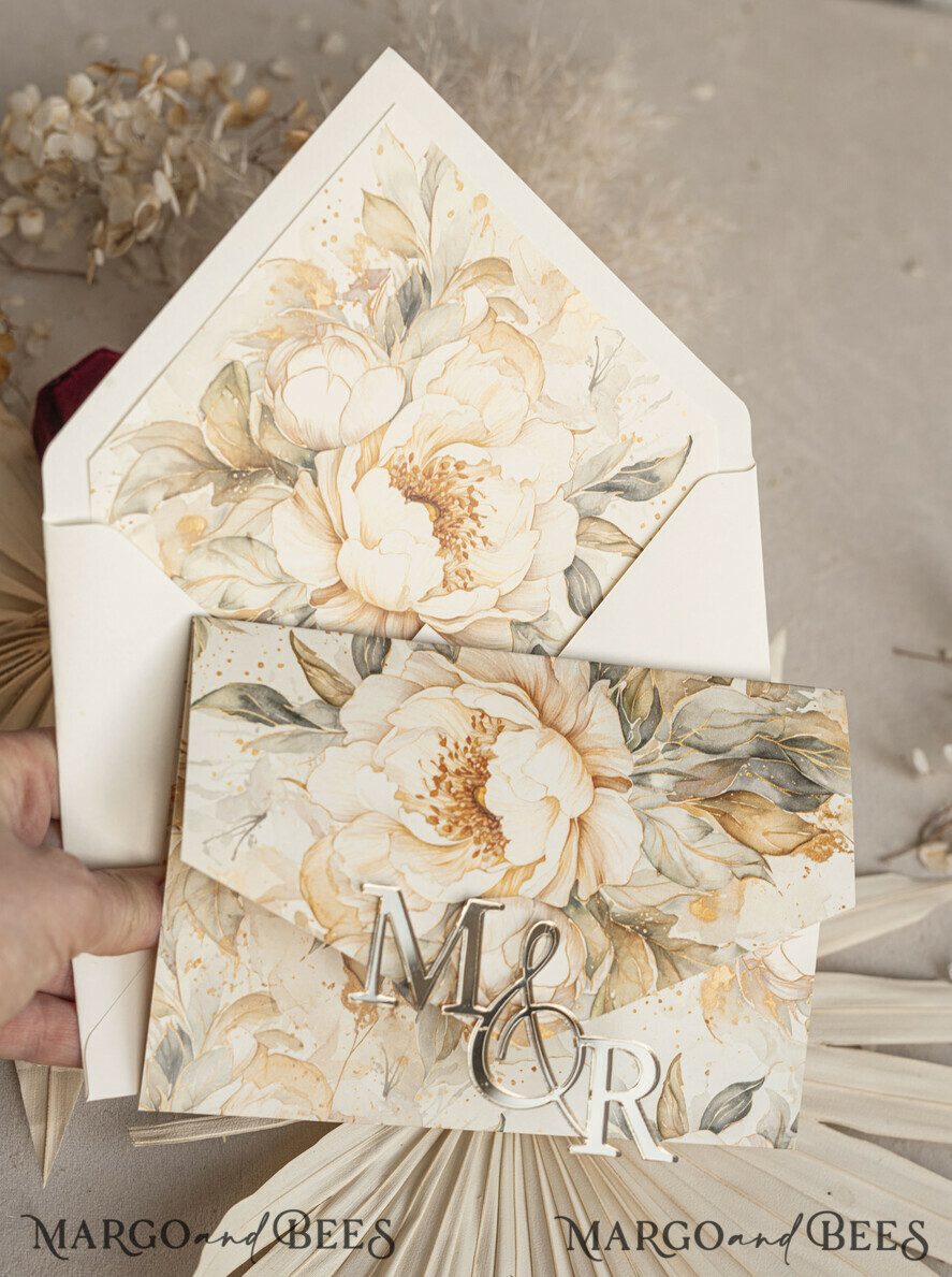 WEDDING INVITATIONS 3 fold wedding invitations 3 fold Luxury Mirror gold Wedding Invitations, Elegant Ivory Wedding Cards, Glamour Acrylic Monogram Wedding Invites, Mirror Plexi Wedding Invitation Suite