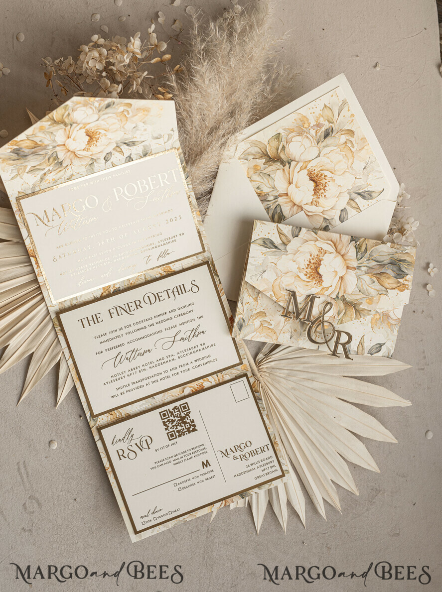 WEDDING INVITATIONS 3 fold wedding invitations 3 fold Luxury Mirror gold Wedding Invitations, Elegant Ivory Wedding Cards, Glamour Acrylic Monogram Wedding Invites, Mirror Plexi Wedding Invitation Suite