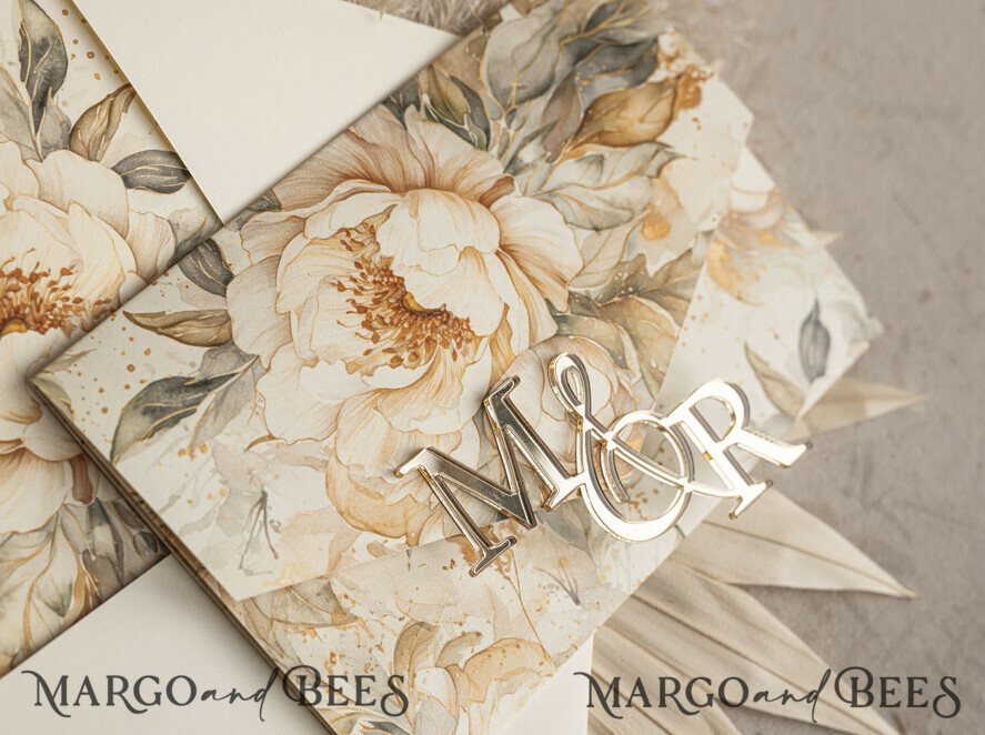 WEDDING INVITATIONS 3 fold wedding invitations 3 fold Luxury Mirror gold Wedding Invitations, Elegant Ivory Wedding Cards, Glamour Acrylic Monogram Wedding Invites, Mirror Plexi Wedding Invitation Suite