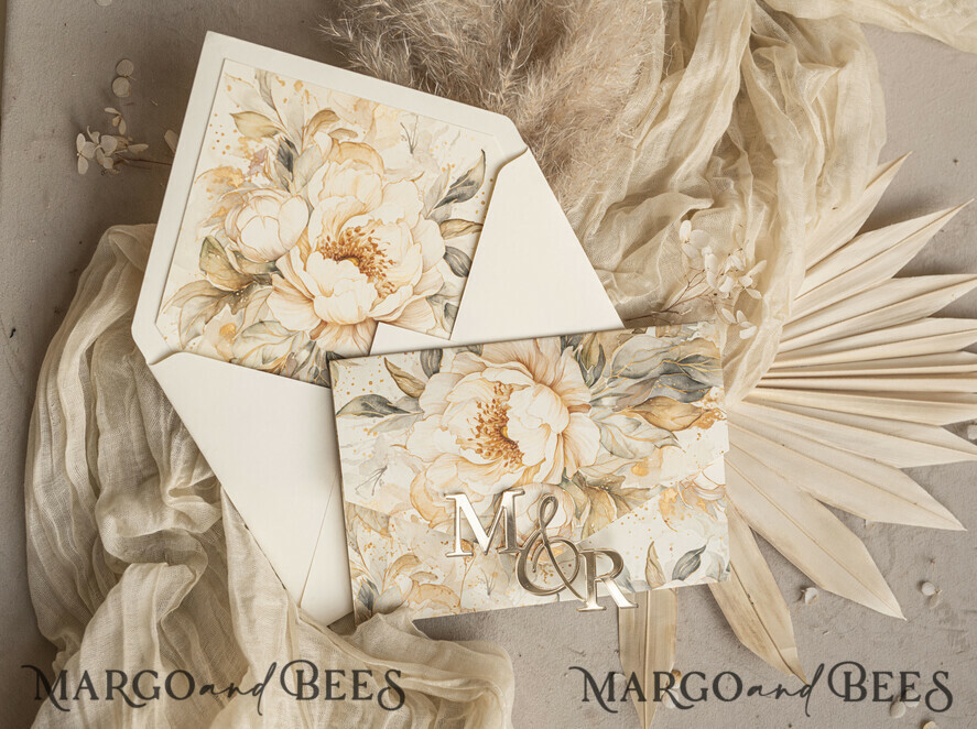 WEDDING INVITATIONS 3 fold wedding invitations 3 fold Luxury Mirror gold Wedding Invitations, Elegant Ivory Wedding Cards, Glamour Acrylic Monogram Wedding Invites, Mirror Plexi Wedding Invitation Suite