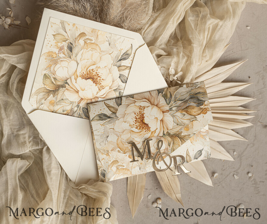 WEDDING INVITATIONS 3 fold wedding invitations 3 fold Luxury Mirror gold Wedding Invitations, Elegant Ivory Wedding Cards, Glamour Acrylic Monogram Wedding Invites, Mirror Plexi Wedding Invitation Suite