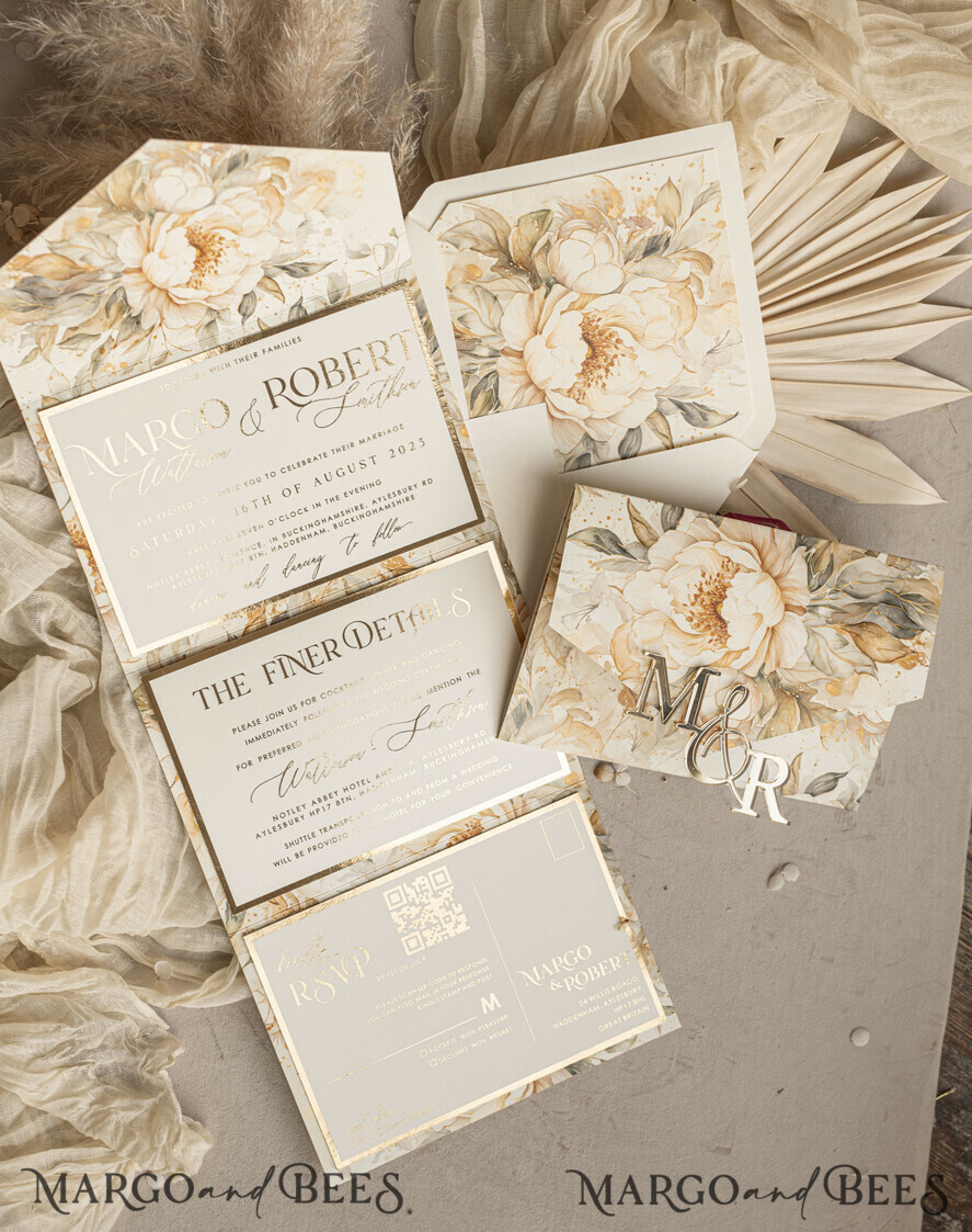WEDDING INVITATIONS 3 fold wedding invitations 3 fold Luxury Mirror gold Wedding Invitations, Elegant Ivory Wedding Cards, Glamour Acrylic Monogram Wedding Invites, Mirror Plexi Wedding Invitation Suite