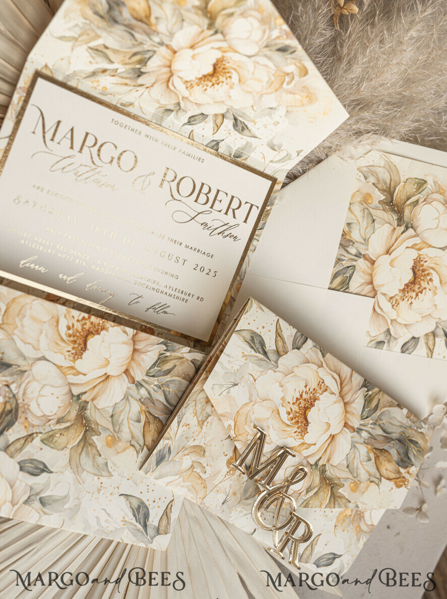 WEDDING INVITATIONS 3 fold wedding invitations 3 fold Luxury Mirror gold Wedding Invitations, Elegant Ivory Wedding Cards, Glamour Acrylic Monogram Wedding Invites, Mirror Plexi Wedding Invitation Suite