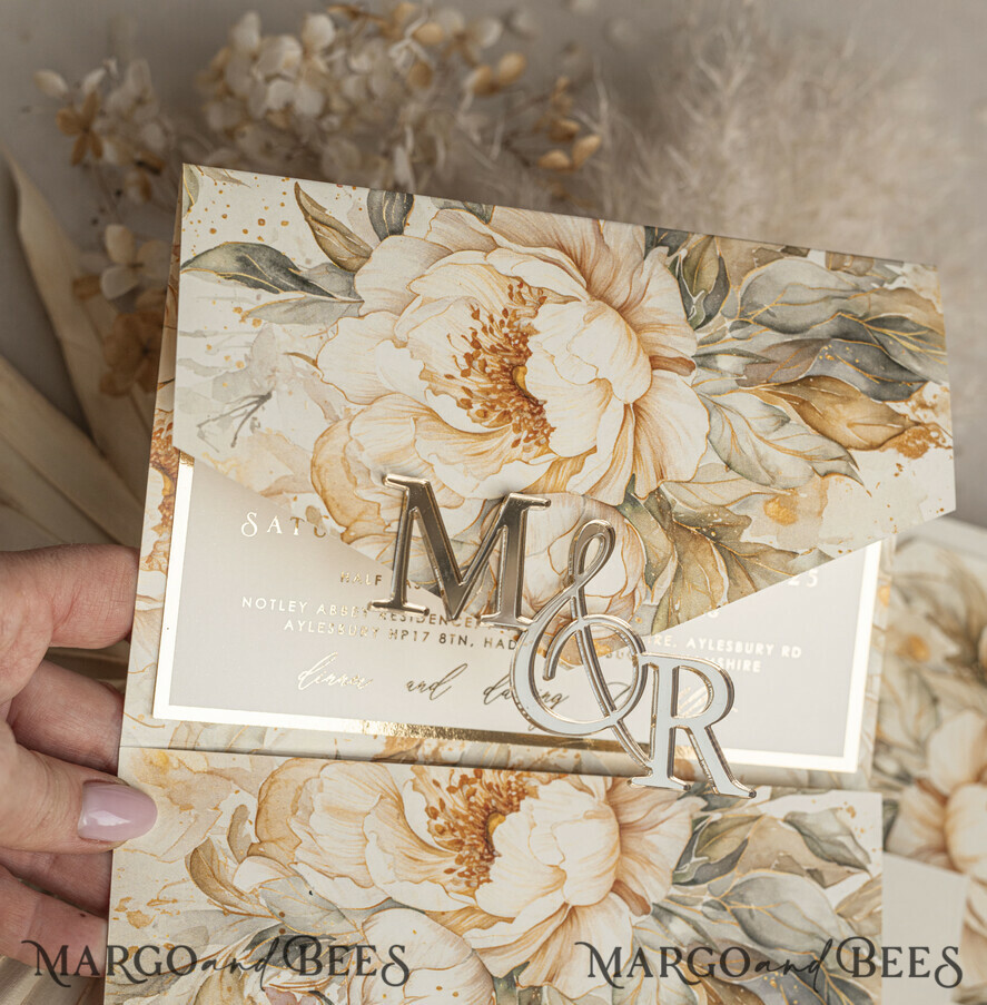 WEDDING INVITATIONS 3 fold wedding invitations 3 fold Luxury Mirror gold Wedding Invitations, Elegant Ivory Wedding Cards, Glamour Acrylic Monogram Wedding Invites, Mirror Plexi Wedding Invitation Suite