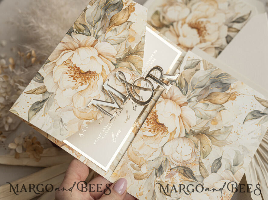 WEDDING INVITATIONS 3 fold wedding invitations 3 fold Luxury Mirror gold Wedding Invitations, Elegant Ivory Wedding Cards, Glamour Acrylic Monogram Wedding Invites, Mirror Plexi Wedding Invitation Suite