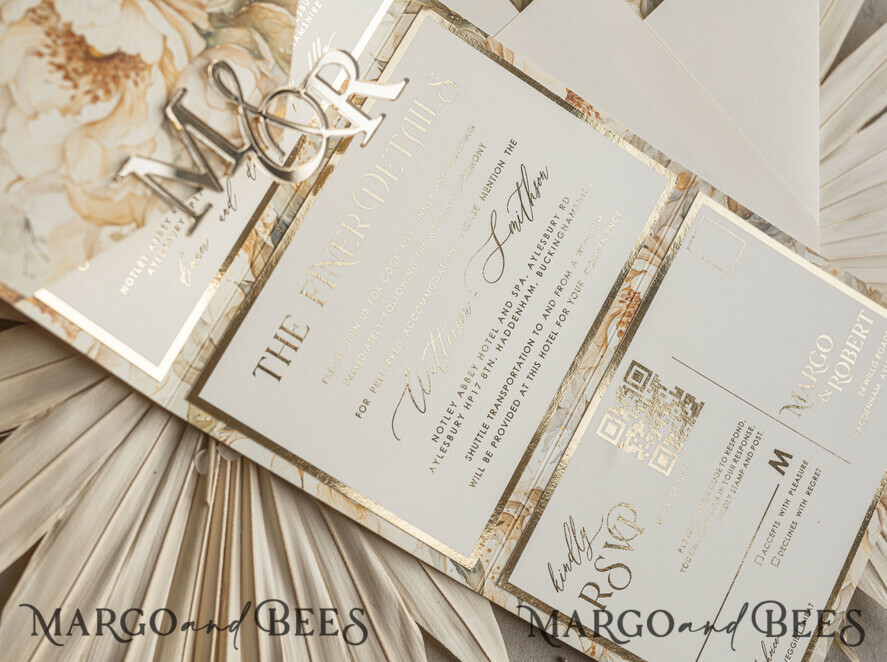 WEDDING INVITATIONS 3 fold wedding invitations 3 fold Luxury Mirror gold Wedding Invitations, Elegant Ivory Wedding Cards, Glamour Acrylic Monogram Wedding Invites, Mirror Plexi Wedding Invitation Suite