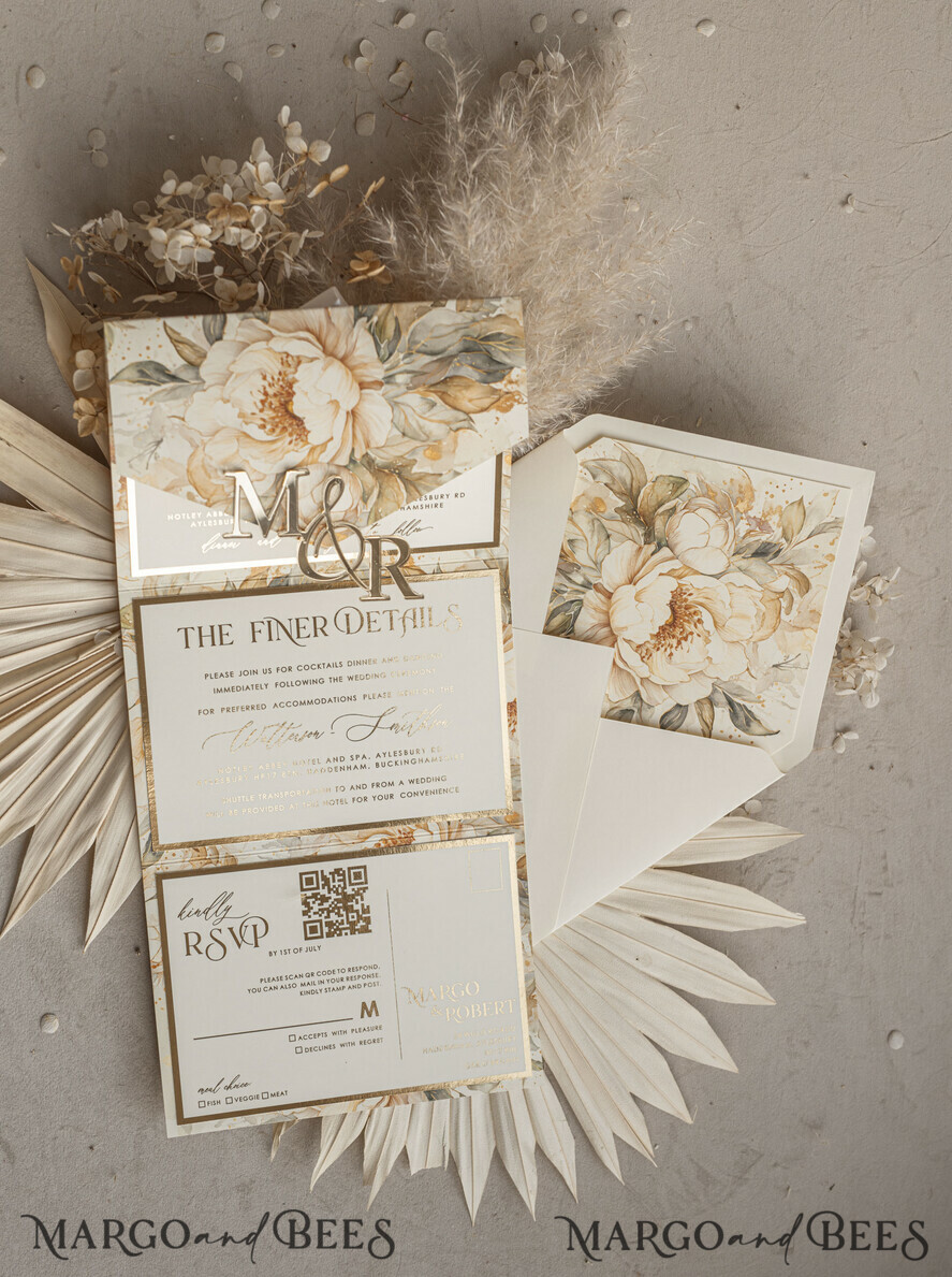 WEDDING INVITATIONS 3 fold wedding invitations 3 fold Luxury Mirror gold Wedding Invitations, Elegant Ivory Wedding Cards, Glamour Acrylic Monogram Wedding Invites, Mirror Plexi Wedding Invitation Suite