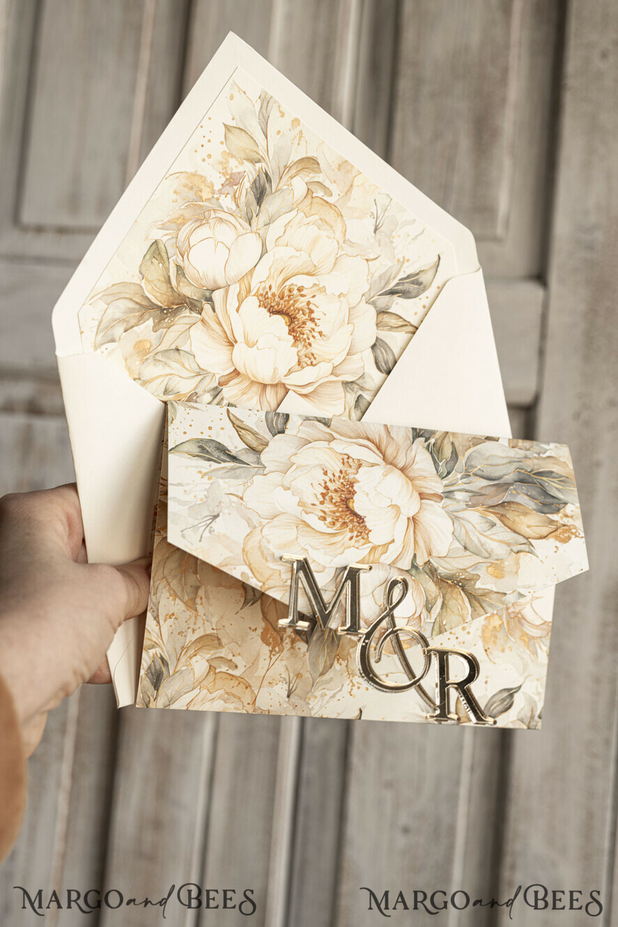 WEDDING INVITATIONS 3 fold wedding invitations 3 fold Luxury Mirror gold Wedding Invitations, Elegant Ivory Wedding Cards, Glamour Acrylic Monogram Wedding Invites, Mirror Plexi Wedding Invitation Suite