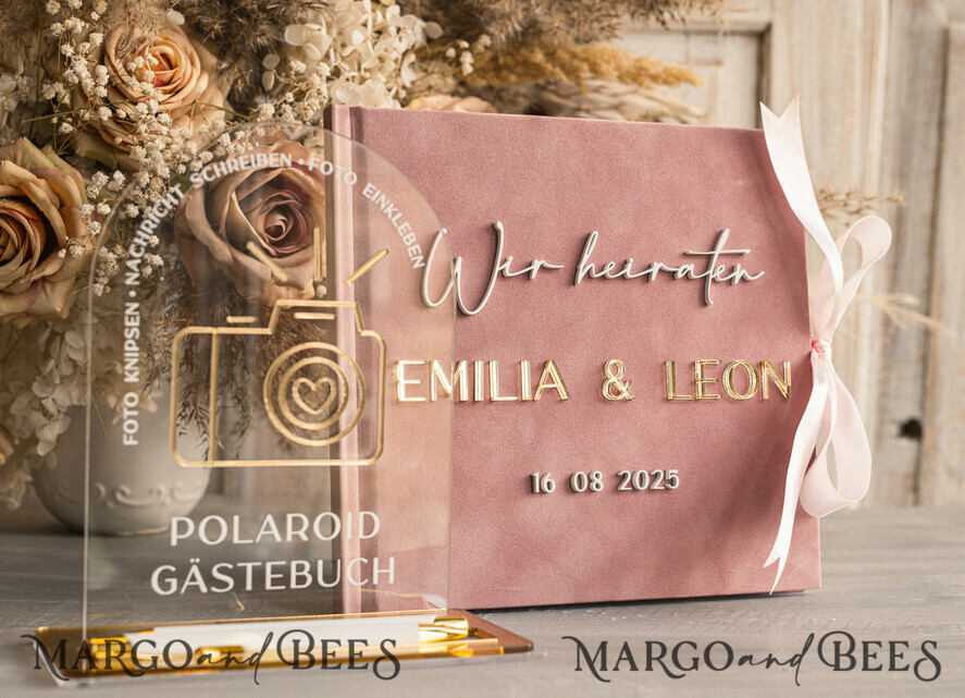 WEDDING GUEST BOOKS Hochzeitsgästebuch Hochzeitsfoto-Gästebuch Polaroid Gold Acrylic Hochzeitsgästebuch Personalisiert Schilderset Samtweißes Sofort-Fotobuch Boho Elegant Instax Hochzeitsfoto-Gästebuch