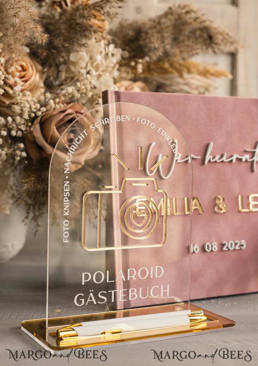 WEDDING GUEST BOOKS Hochzeitsgästebuch Hochzeitsfoto-Gästebuch Polaroid Gold Acrylic Hochzeitsgästebuch Personalisiert Schilderset Samtweißes Sofort-Fotobuch Boho Elegant Instax Hochzeitsfoto-Gästebuch