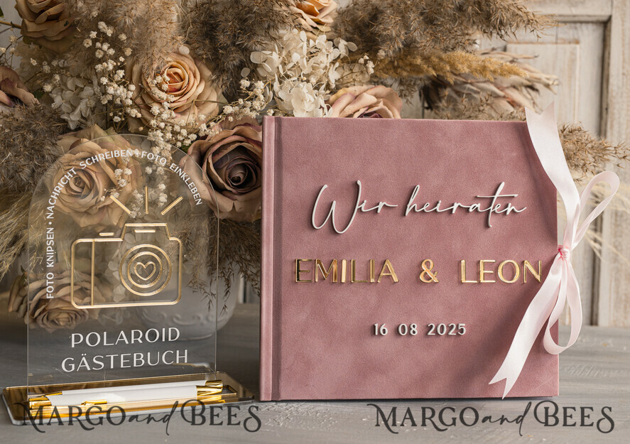 WEDDING GUEST BOOKS Hochzeitsgästebuch Hochzeitsfoto-Gästebuch Polaroid Gold Acrylic Hochzeitsgästebuch Personalisiert Schilderset Samtweißes Sofort-Fotobuch Boho Elegant Instax Hochzeitsfoto-Gästebuch