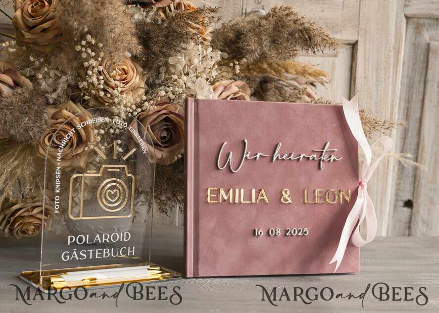 WEDDING GUEST BOOKS Hochzeitsgästebuch Hochzeitsfoto-Gästebuch Polaroid Gold Acrylic Hochzeitsgästebuch Personalisiert Schilderset Samtweißes Sofort-Fotobuch Boho Elegant Instax Hochzeitsfoto-Gästebuch
