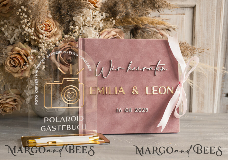 WEDDING GUEST BOOKS Hochzeitsgästebuch Hochzeitsfoto-Gästebuch Polaroid Gold Acrylic Hochzeitsgästebuch Personalisiert Schilderset Samtweißes Sofort-Fotobuch Boho Elegant Instax Hochzeitsfoto-Gästebuch