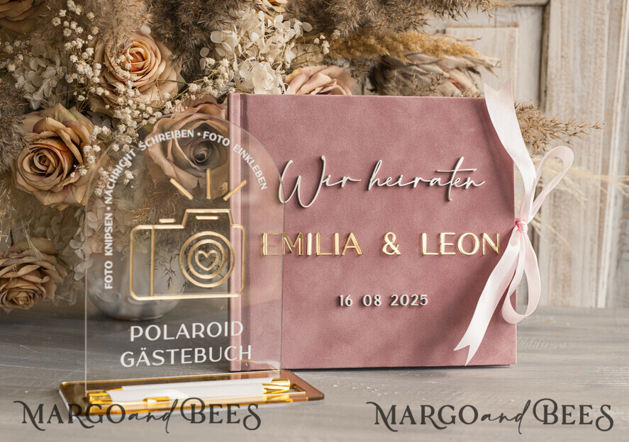 WEDDING GUEST BOOKS Hochzeitsgästebuch Hochzeitsfoto-Gästebuch Polaroid Gold Acrylic Hochzeitsgästebuch Personalisiert Schilderset Samtweißes Sofort-Fotobuch Boho Elegant Instax Hochzeitsfoto-Gästebuch