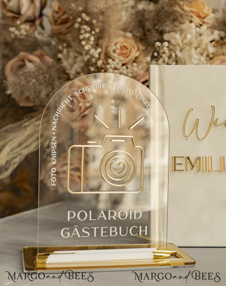 WEDDING GUEST BOOKS Hochzeitsgästebuch Hochzeitsfoto-Gästebuch Polaroid Gold Acrylic Hochzeitsgästebuch Personalisiert Schilderset Samtweißes Sofort-Fotobuch Boho Elegant Instax Hochzeitsfoto-Gästebuch