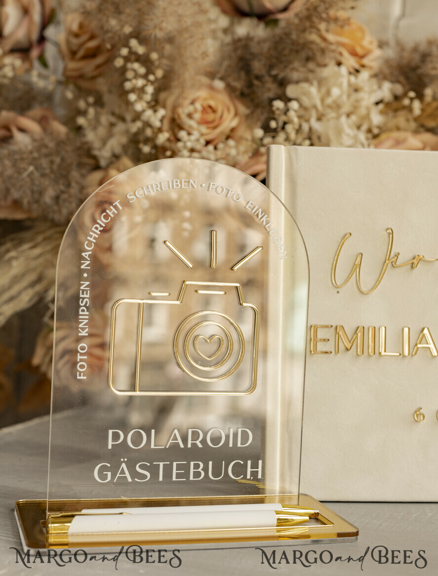 WEDDING GUEST BOOKS Hochzeitsgästebuch Hochzeitsfoto-Gästebuch Polaroid Gold Acrylic Hochzeitsgästebuch Personalisiert Schilderset Samtweißes Sofort-Fotobuch Boho Elegant Instax Hochzeitsfoto-Gästebuch