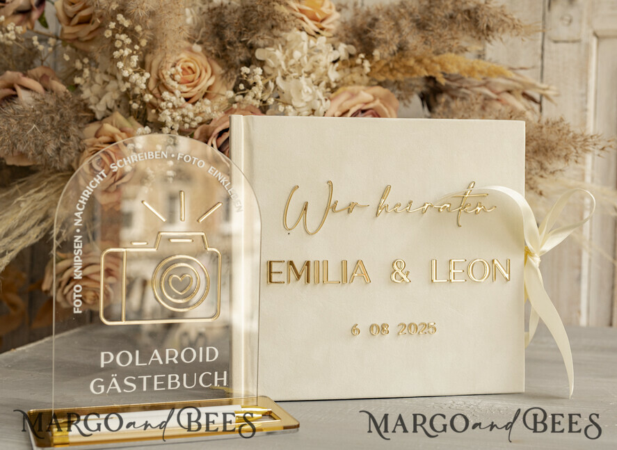 WEDDING GUEST BOOKS Hochzeitsgästebuch Hochzeitsfoto-Gästebuch Polaroid Gold Acrylic Hochzeitsgästebuch Personalisiert Schilderset Samtweißes Sofort-Fotobuch Boho Elegant Instax Hochzeitsfoto-Gästebuch