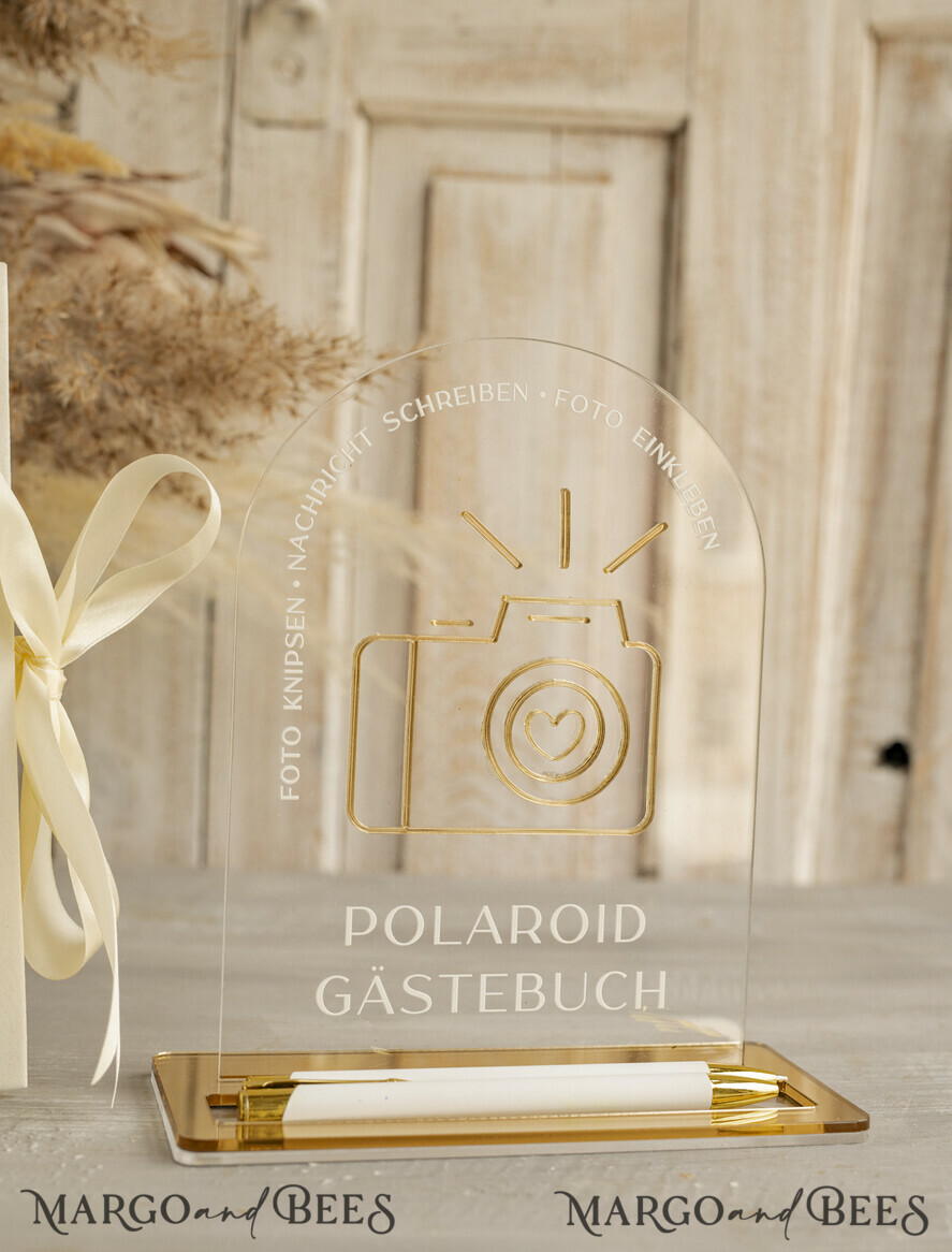 WEDDING GUEST BOOKS Hochzeitsgästebuch Hochzeitsfoto-Gästebuch Polaroid Gold Acrylic Hochzeitsgästebuch Personalisiert Schilderset Samtweißes Sofort-Fotobuch Boho Elegant Instax Hochzeitsfoto-Gästebuch