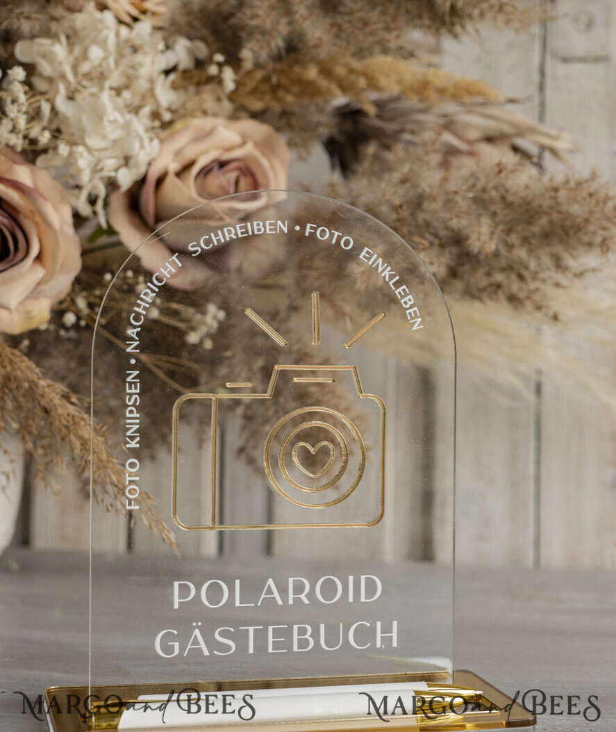 WEDDING GUEST BOOKS Hochzeitsgästebuch Hochzeitsfoto-Gästebuch Polaroid Gold Acrylic Hochzeitsgästebuch Personalisiert Schilderset Samtweißes Sofort-Fotobuch Boho Elegant Instax Hochzeitsfoto-Gästebuch