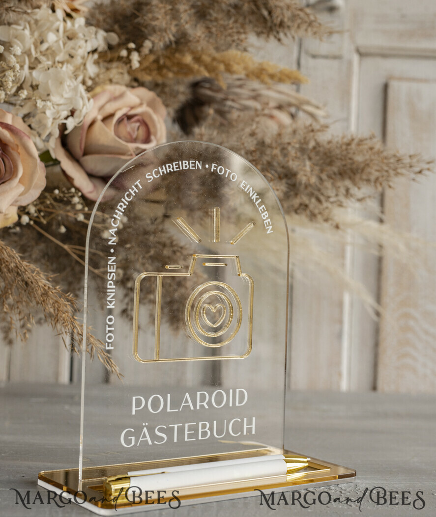 WEDDING GUEST BOOKS Hochzeitsgästebuch Hochzeitsfoto-Gästebuch Polaroid Gold Acrylic Hochzeitsgästebuch Personalisiert Schilderset Samtweißes Sofort-Fotobuch Boho Elegant Instax Hochzeitsfoto-Gästebuch