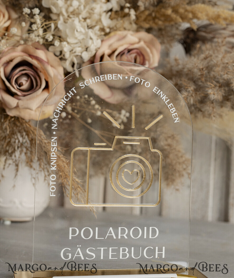 WEDDING GUEST BOOKS Hochzeitsgästebuch Hochzeitsfoto-Gästebuch Polaroid Gold Acrylic Hochzeitsgästebuch Personalisiert Schilderset Samtweißes Sofort-Fotobuch Boho Elegant Instax Hochzeitsfoto-Gästebuch