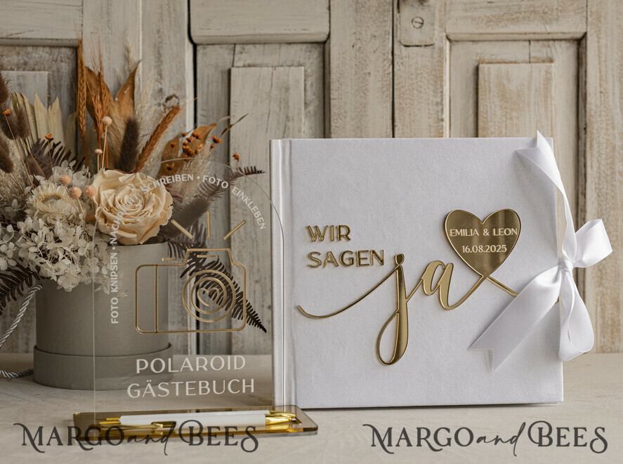 WEDDING GUEST BOOKS Hochzeitsgästebuch Hochzeitsfoto-Gästebuch Polaroid Gold Acrylic Hochzeitsgästebuch Personalisiert Schilderset Samtweißes Sofort-Fotobuch Boho Elegant Instax Hochzeitsfoto-Gästebuch