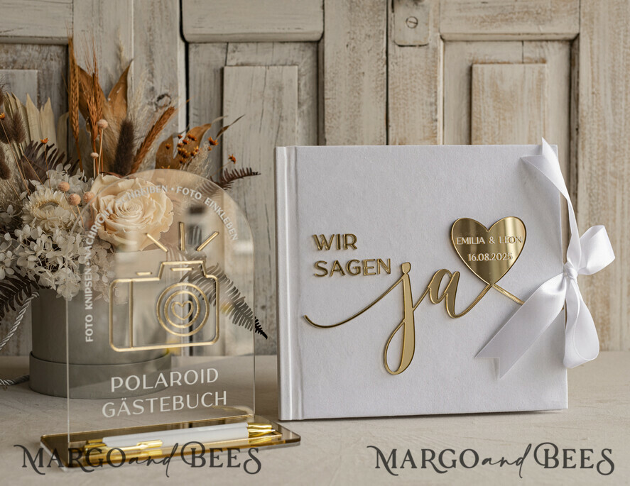 WEDDING GUEST BOOKS Hochzeitsgästebuch Hochzeitsfoto-Gästebuch Polaroid Gold Acrylic Hochzeitsgästebuch Personalisiert Schilderset Samtweißes Sofort-Fotobuch Boho Elegant Instax Hochzeitsfoto-Gästebuch