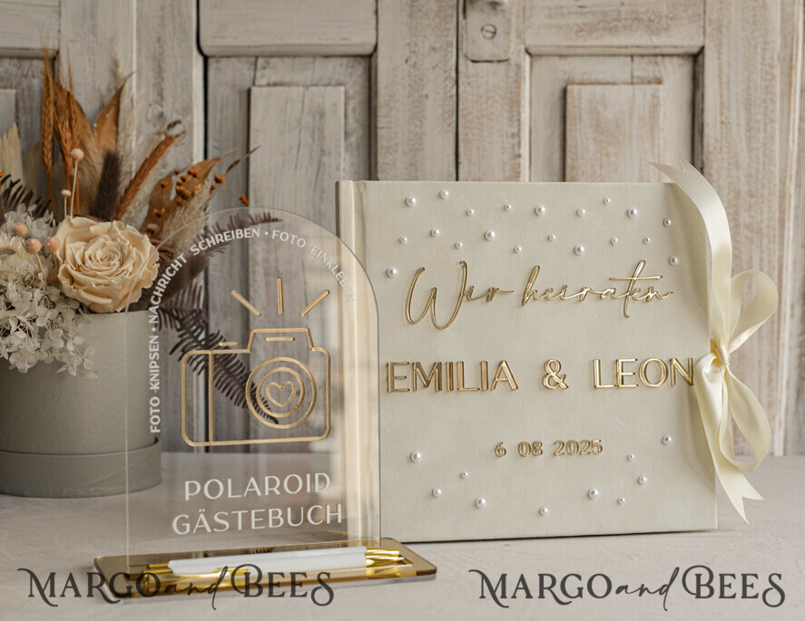 WEDDING GUEST BOOKS Hochzeitsgästebuch Hochzeitsfoto-Gästebuch Pearls Gold Acrylic Hochzeitsgästebuch Personalisiert Schilderset Samt Ecru Sofort-Fotobuch Boho Elegant Instax Hochzeitsfoto-Gästebuch
