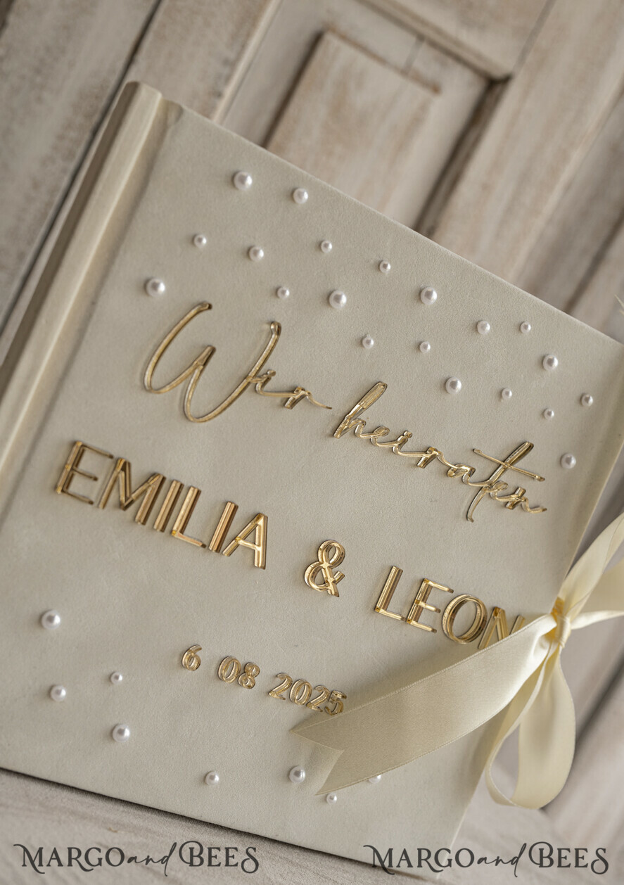 WEDDING GUEST BOOKS Hochzeitsgästebuch Hochzeitsfoto-Gästebuch Pearls Gold Acrylic Hochzeitsgästebuch Personalisiert Schilderset Samt Ecru Sofort-Fotobuch Boho Elegant Instax Hochzeitsfoto-Gästebuch