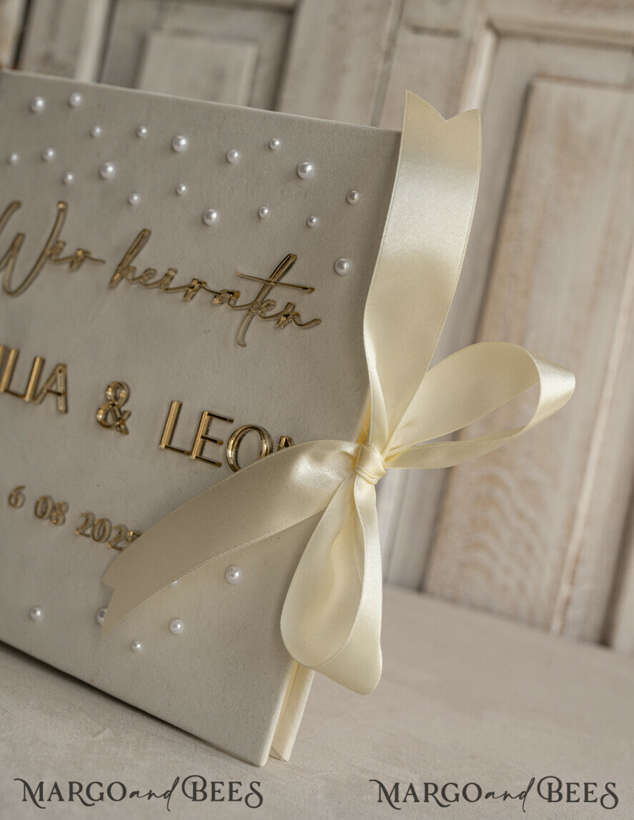 WEDDING GUEST BOOKS Hochzeitsgästebuch Hochzeitsfoto-Gästebuch Pearls Gold Acrylic Hochzeitsgästebuch Personalisiert Schilderset Samt Ecru Sofort-Fotobuch Boho Elegant Instax Hochzeitsfoto-Gästebuch