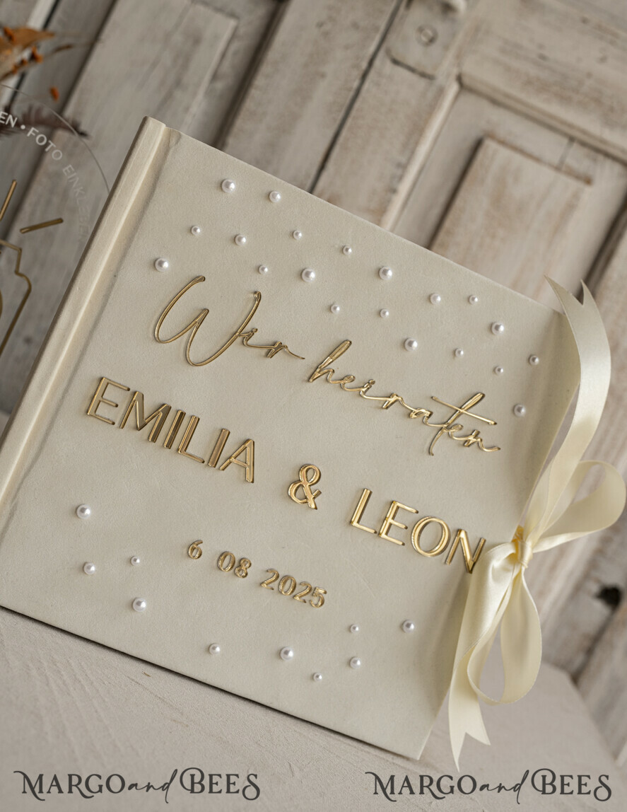 WEDDING GUEST BOOKS Hochzeitsgästebuch Hochzeitsfoto-Gästebuch Pearls Gold Acrylic Hochzeitsgästebuch Personalisiert Schilderset Samt Ecru Sofort-Fotobuch Boho Elegant Instax Hochzeitsfoto-Gästebuch