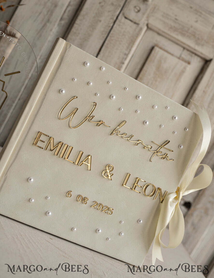 WEDDING GUEST BOOKS Hochzeitsgästebuch Hochzeitsfoto-Gästebuch Pearls Gold Acrylic Hochzeitsgästebuch Personalisiert Schilderset Samt Ecru Sofort-Fotobuch Boho Elegant Instax Hochzeitsfoto-Gästebuch
