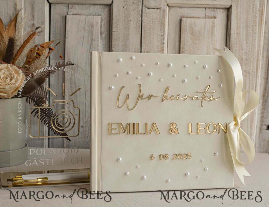 WEDDING GUEST BOOKS Hochzeitsgästebuch Hochzeitsfoto-Gästebuch Pearls Gold Acrylic Hochzeitsgästebuch Personalisiert Schilderset Samt Ecru Sofort-Fotobuch Boho Elegant Instax Hochzeitsfoto-Gästebuch