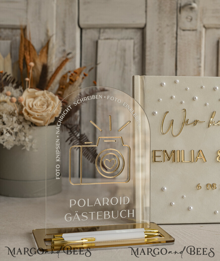WEDDING GUEST BOOKS Hochzeitsgästebuch Hochzeitsfoto-Gästebuch Pearls Gold Acrylic Hochzeitsgästebuch Personalisiert Schilderset Samt Ecru Sofort-Fotobuch Boho Elegant Instax Hochzeitsfoto-Gästebuch