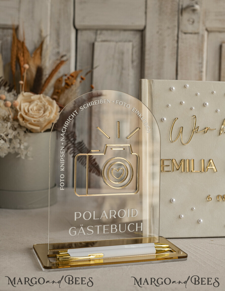 WEDDING GUEST BOOKS Hochzeitsgästebuch Hochzeitsfoto-Gästebuch Pearls Gold Acrylic Hochzeitsgästebuch Personalisiert Schilderset Samt Ecru Sofort-Fotobuch Boho Elegant Instax Hochzeitsfoto-Gästebuch