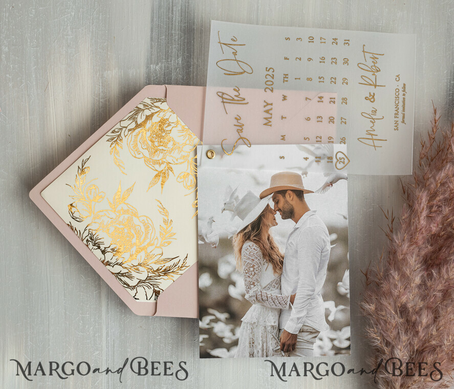 SAVE THE DATES photo vellum plexi Pink Gold peonies Save the Date Cards with Photo, Vellum Save Our Dates with Photo Gold Foil Calendar Cards