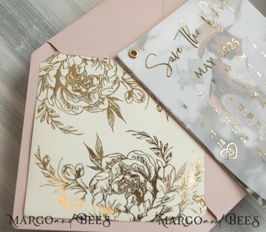 SAVE THE DATES photo vellum plexi Pink Gold peonies Save the Date Cards with Photo, Vellum Save Our Dates with Photo Gold Foil Calendar Cards