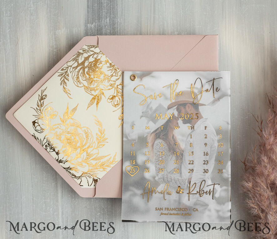 SAVE THE DATES photo vellum plexi Pink Gold peonies Save the Date Cards with Photo, Vellum Save Our Dates with Photo Gold Foil Calendar Cards