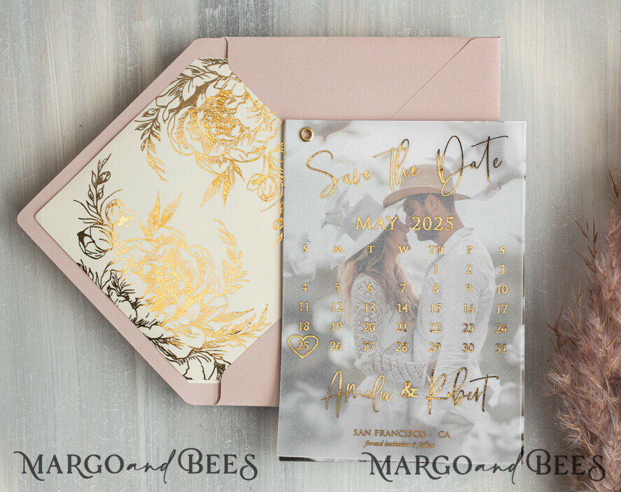 SAVE THE DATES photo vellum plexi Pink Gold peonies Save the Date Cards with Photo, Vellum Save Our Dates with Photo Gold Foil Calendar Cards