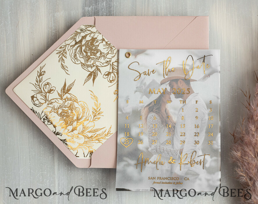 SAVE THE DATES photo vellum plexi Pink Gold peonies Save the Date Cards with Photo, Vellum Save Our Dates with Photo Gold Foil Calendar Cards