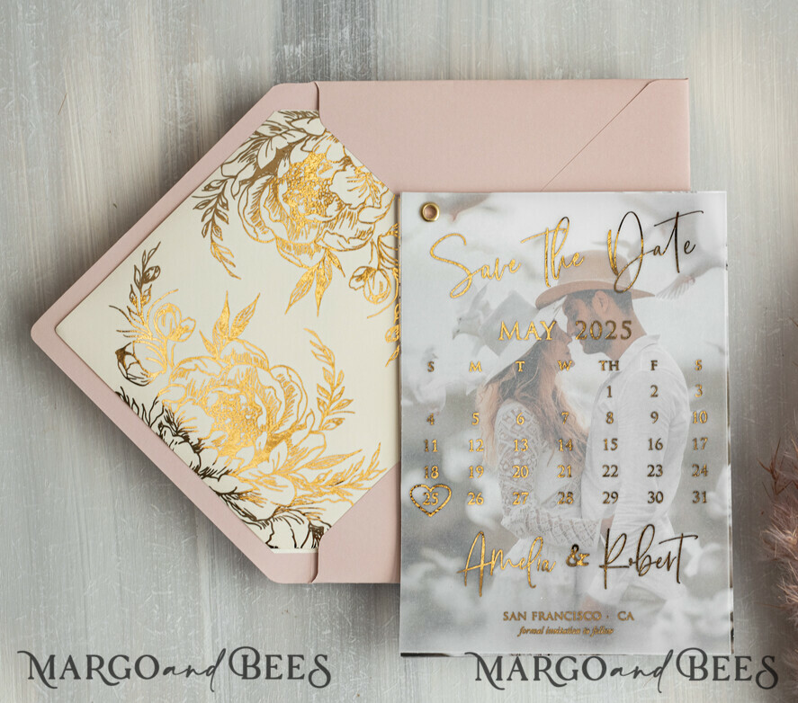 SAVE THE DATES photo vellum plexi Pink Gold peonies Save the Date Cards with Photo, Vellum Save Our Dates with Photo Gold Foil Calendar Cards